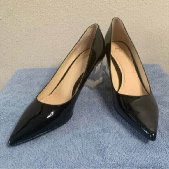 Marc Fisher Ltd Black Patent Leather Pointed Toe Clear Block Heels - Picture 7 of 16